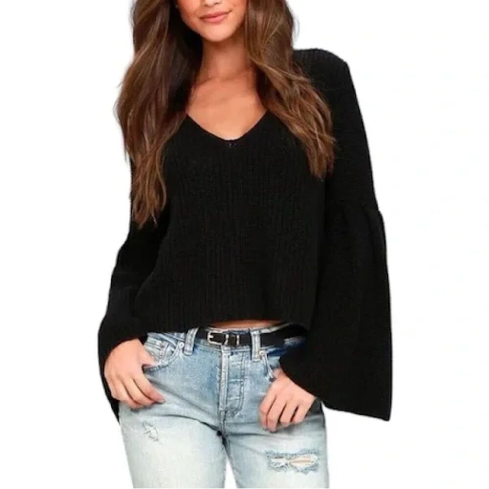FREE PEOPLE Damsel Flare Sleeve Ribbed Knit Sweater Black‎ Small
